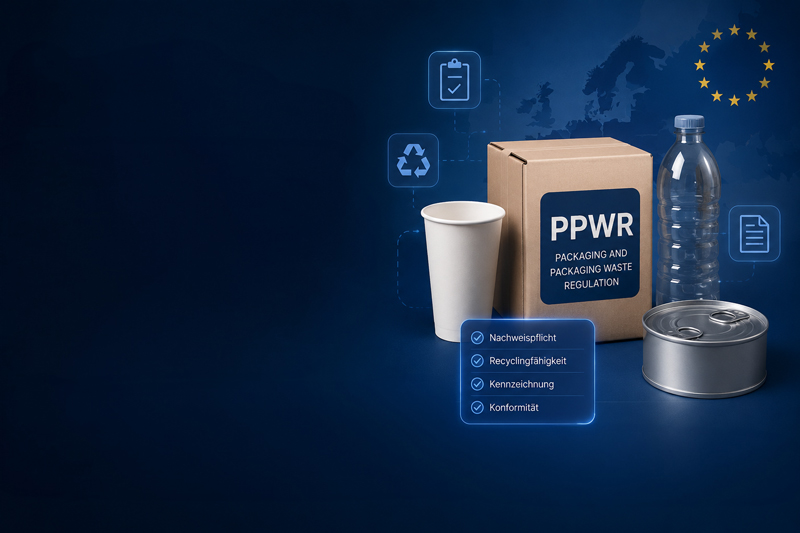 Verpackungen (Becher, PPWR-Karton, Flasche, Dose) vor der EU-Karte mit Checkliste: Nachweispflicht, Recyclingfähigkeit, Kennzeichnung, Konformität.