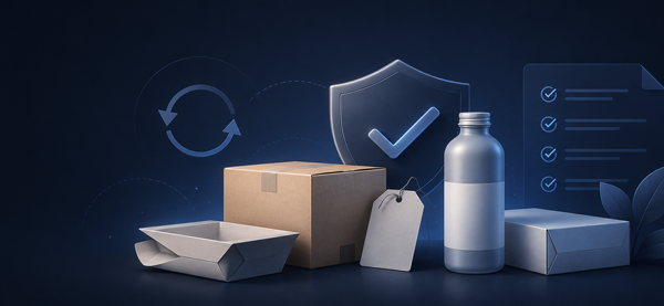 Verpackungen (Schale, Karton, Etikett, Flasche, Kasten) vor dunkelblauem Hintergrund mit Prüf-Schild, Recycling-Symbol und Checkliste.