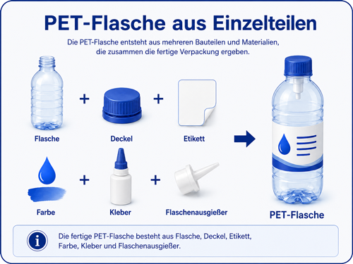 Verkaufsverpackung: PET-Flasche aus Flasche, Deckel, Etikett, Druckfarbe, Kleber und Ausgießer.